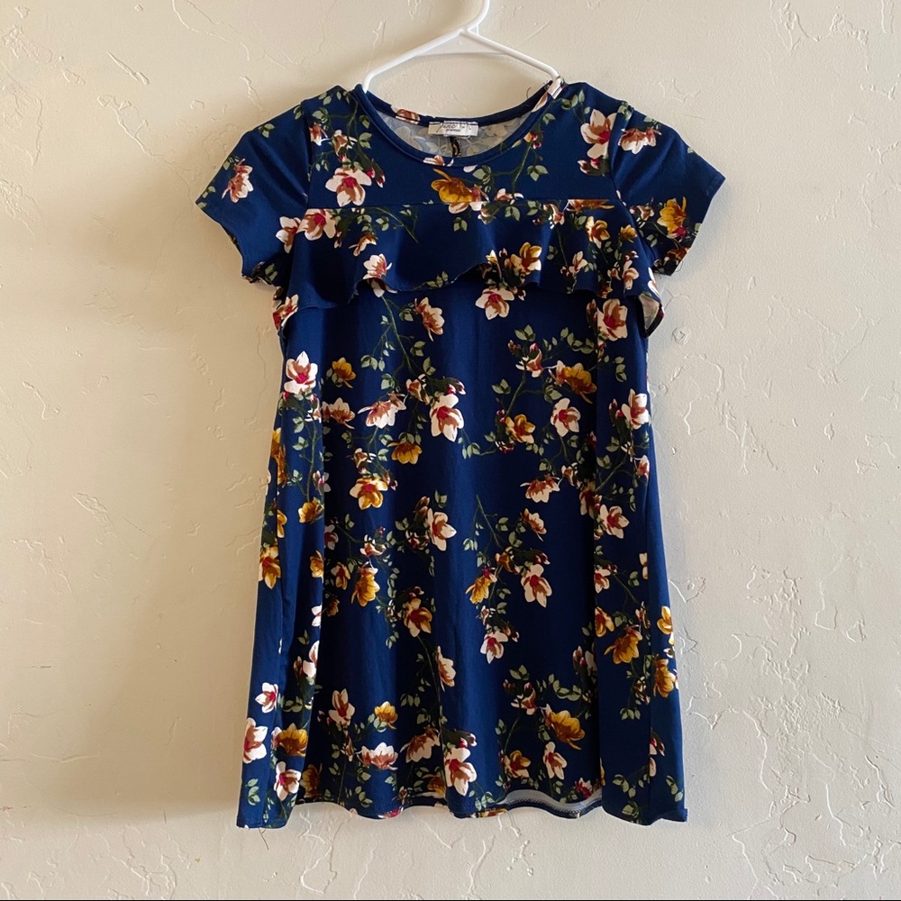 Pinc Girls Blue Floral Print Short Sleeve Dress Large